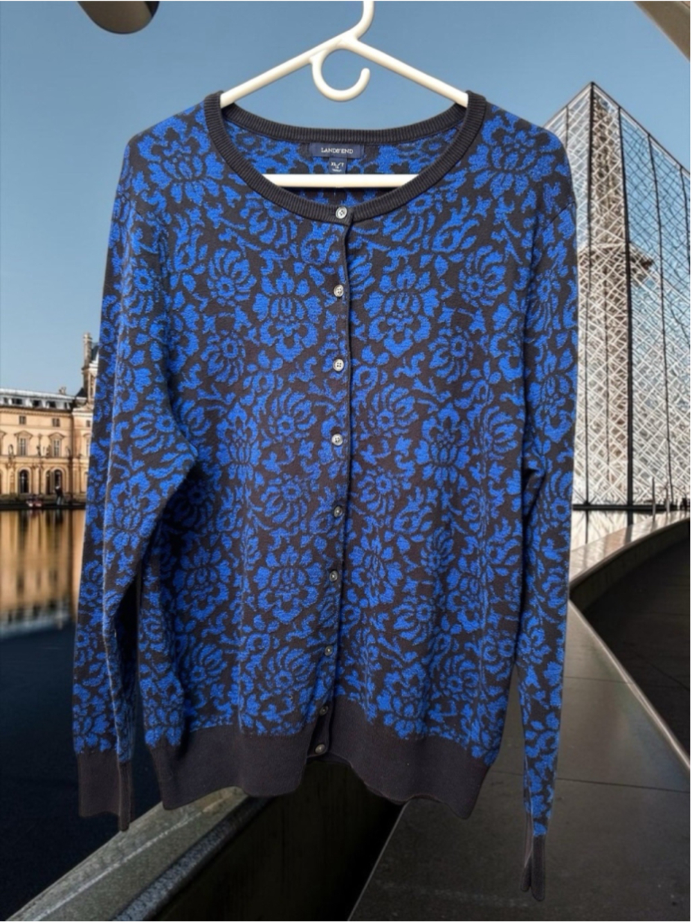 LANDS END Sparkling Floral Cardigan Knit Sweater Womens Large Blue & Black